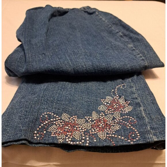 Denim 24/7 Jeans Womens Navy Blue 24W Pull On Floral Stretch Waist Dark Wash - Picture 2 of 4